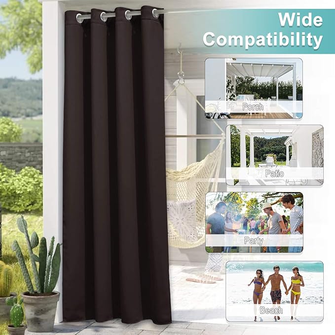 NICETOWN 2 Panels Patio Outdoor Curtains Waterproof, Thermal Insulated Rustproof Grommet Blackout Outdoor Indoor Window Treatments for Gazebo/Playground, W52 x L95 Inch, Brown
