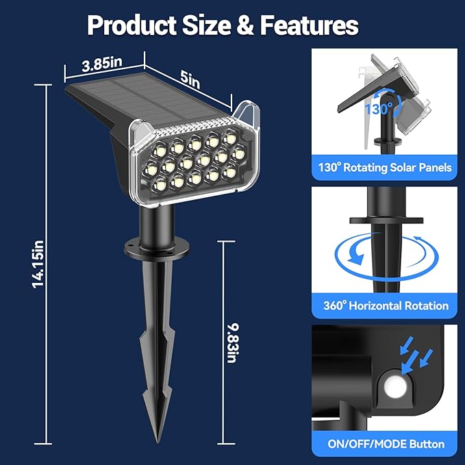 WdtPro Solar Spot Lights Outdoor Waterproof, Bright Solar Lights Outdoor with 16 Extra-Large LEDs, 3 Modes Landscape Spotlights, 2-in-1 Solar Powered Light for Yard Flag Garden, 10 Pack, Cool White