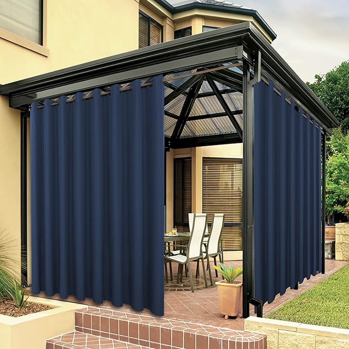 BONZER Waterproof Outdoor Curtains for Patio Porch Pergola Cabana Thick Privacy Wide Grommet Indoor Curtains for Bedroom Living Room, 1 Panel, 110W x 108L inch, Navy