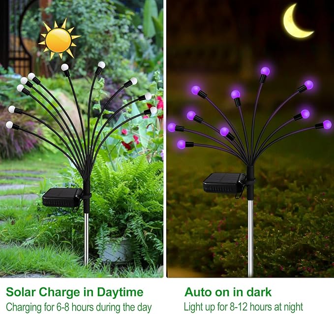 Kohlrabi Solar Garden Lights Outdoor, 6 Pack 60 LED Solar Purple Firefly Lights Waterproof, Sway by Wind, Halloween Swaying Light for Yard Patio Backyard Garden Planter Flower Bed Pathway Decoration