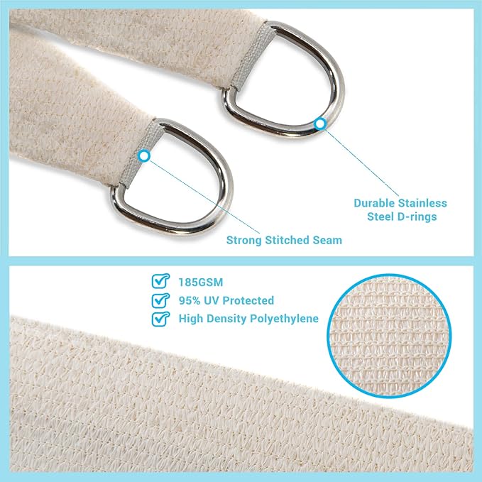 AsterOutdoor Sun Shade Sail Rectangle 10' x 13' UV Block Canopy for Patio Backyard Lawn Garden Outdoor Activities, Cream