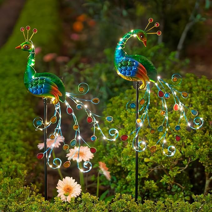 DREAMSOUL 2 Pack Peacock Solar Lights Outdoor, Tall Waterproof LED Outdoor Solar Lights for Yard Pathway Peacock Decor