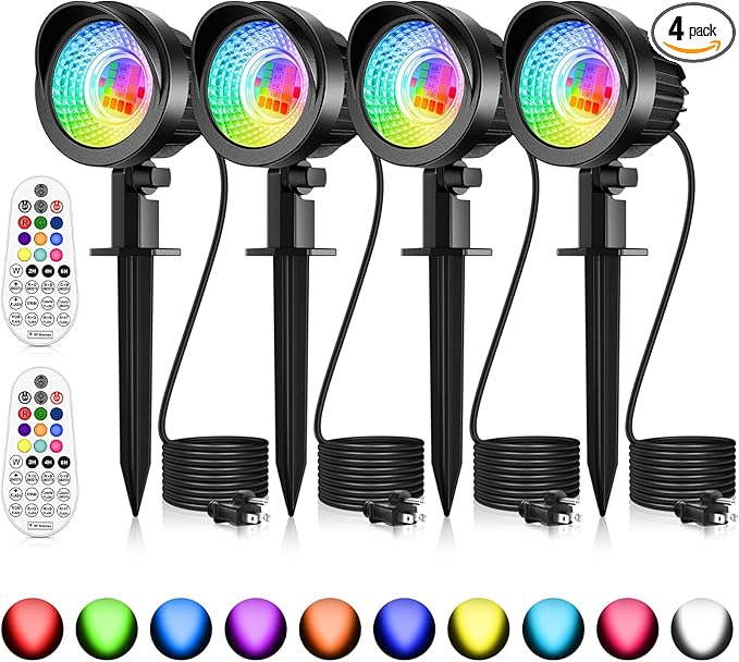 MEIKEE 15W RGB Color Changing Landscape Lighting 120V LED Landscape Lights with 4.9ft Cable IP66 Waterproof Outdoor Spot Lights for Garden Path Decoration (4 Pack)