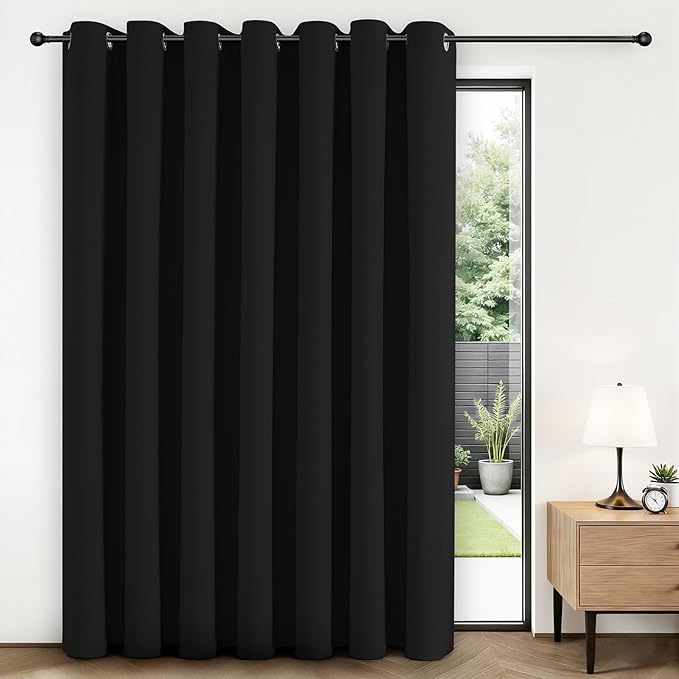 Joydeco Blackout Patio Sliding Door Curtains 90 Inches Long, Grommet Privacy Room Divider Curtains, Extra Wide Thermal Blackout Drapes for Bedroom Living Room (Black, 100Wx90L, 1 Panel)