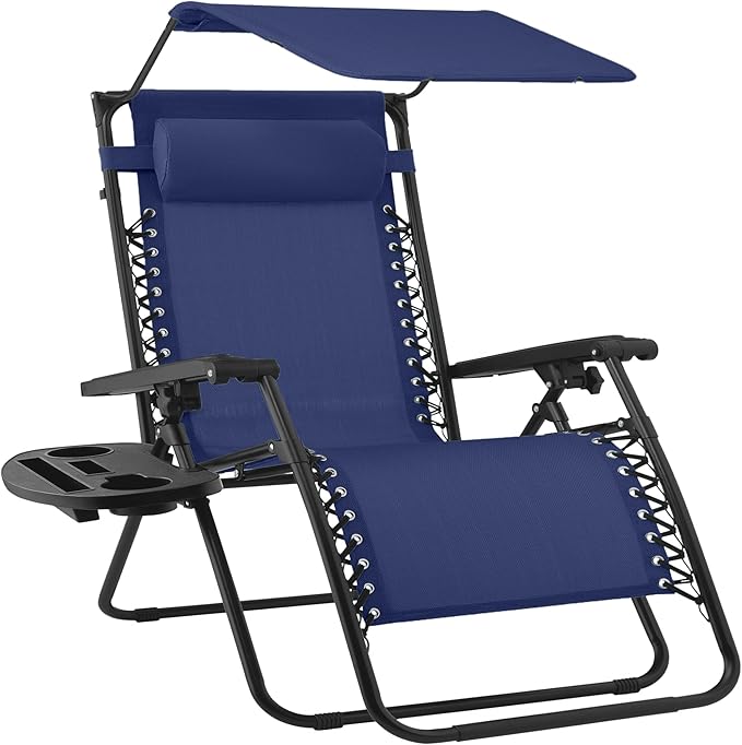 Best Choice Products 30” Wide Folding Zero Gravity Outdoor Recliner Patio Lounge Chair w/Adjustable Canopy Shade, Headrest, Side Accessory Tray - Navy Blue