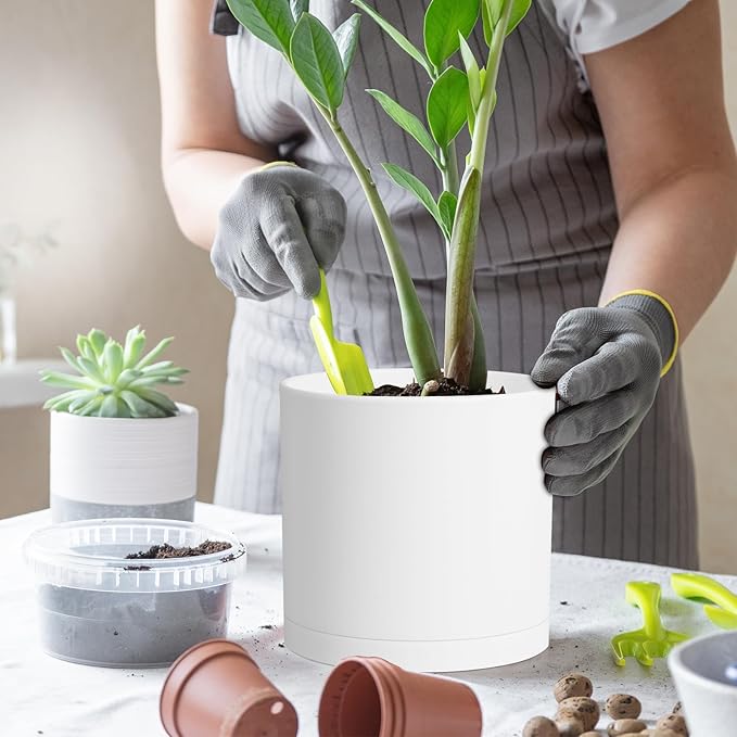 8 Inch Cylinder Plant Pots for Indoor Outdoor Plants, Medium Deep Flower Pots with Drainage Holes & Saucer, Decorative Plastic Planter Pots for Garden House Plants, White