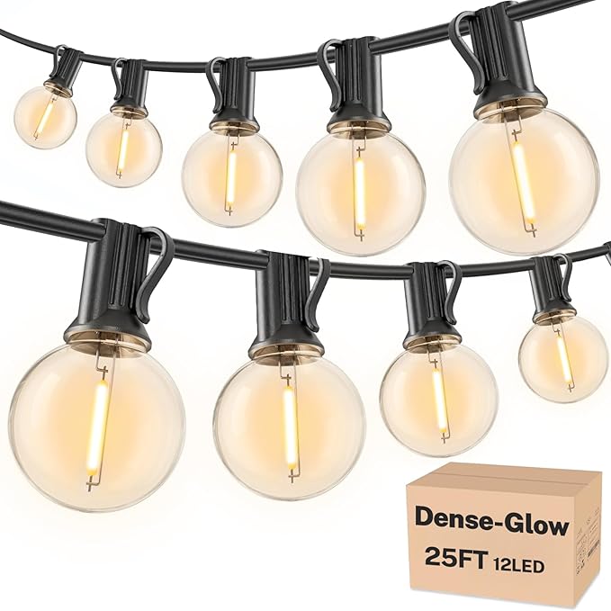 RTTY Dense-Glow Outdoor String Lights 25ft, G40 Led Patio Globe Lights with 13pcs Plastic Bulbs, Shatterproof Waterproof Connectable Hanging for Porch Cafe Bistro Backyard Gazebo Balcony Deck Party