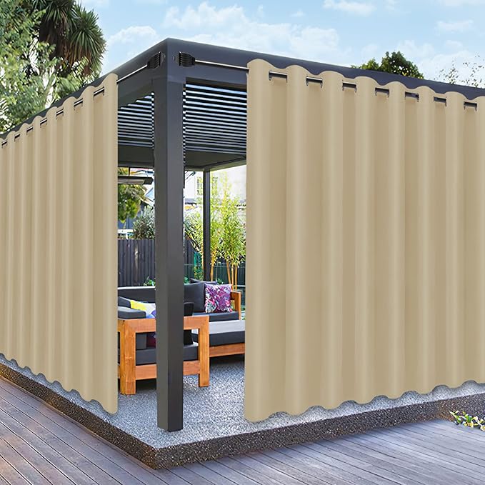 PureFit Outdoor Curtains for Patio Waterproof Weatherproof, UV Resistant Outside Curtains for Gazebo, Front Porch, Pergola, Sun Blocking Privacy Curtain, 120W x 95L inch, 1 Panel, Beige