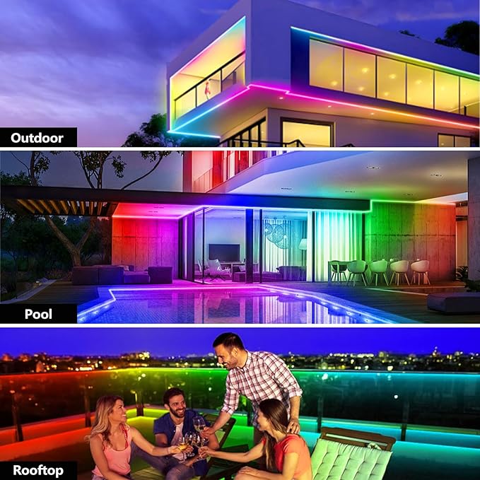 100FT Outdoor LED Strip Light Waterproof,IP68 Outside RGB+IC Light Strip with App/Remote Control,Chase Mode,Music Sync Rope Light for Balcony,Deck,Rooftop,Garden,Pool