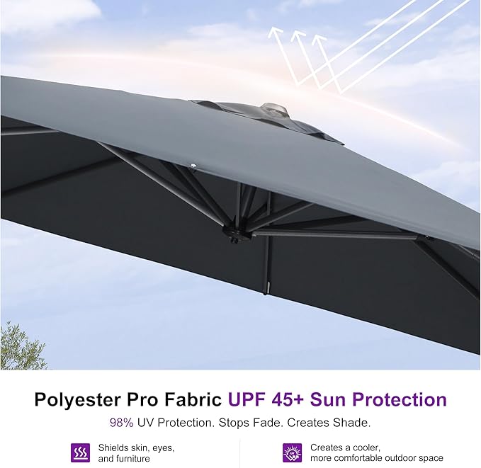 PURPLE LEAF Patio Umbrella with Base 10 Feet Outdoor Cantilever Square Umbrella Aluminum Offset Umbrella with 360-degree Rotation for Garden Deck Pool Patio, Grey
