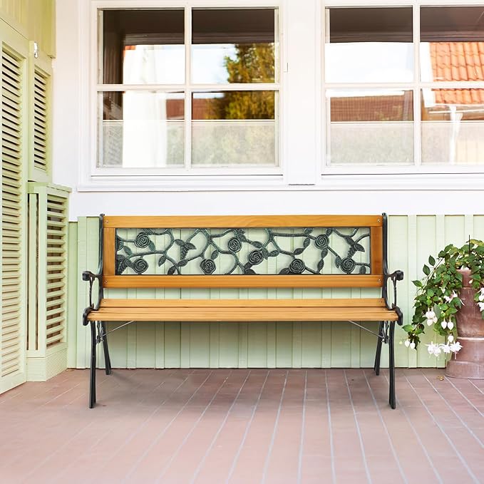 VINGLI Outdoor Bench Metal Garden Bench, Wood Patio Benches w/PVC Backrest Cast Iron Love Seat Park Benches for Porch Yard (Rose)