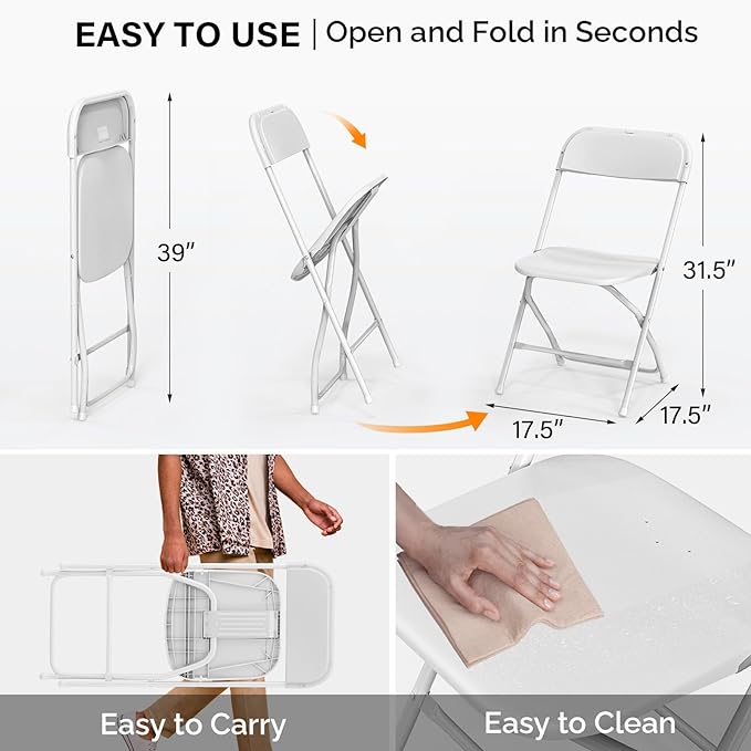 VINGLI 10 Pack White Plastic Folding Chair, Indoor Outdoor Portable Stackable Commercial Seat with Steel Frame 350lb. Capacity for Events Office Wedding Party Picnic Kitchen Dining