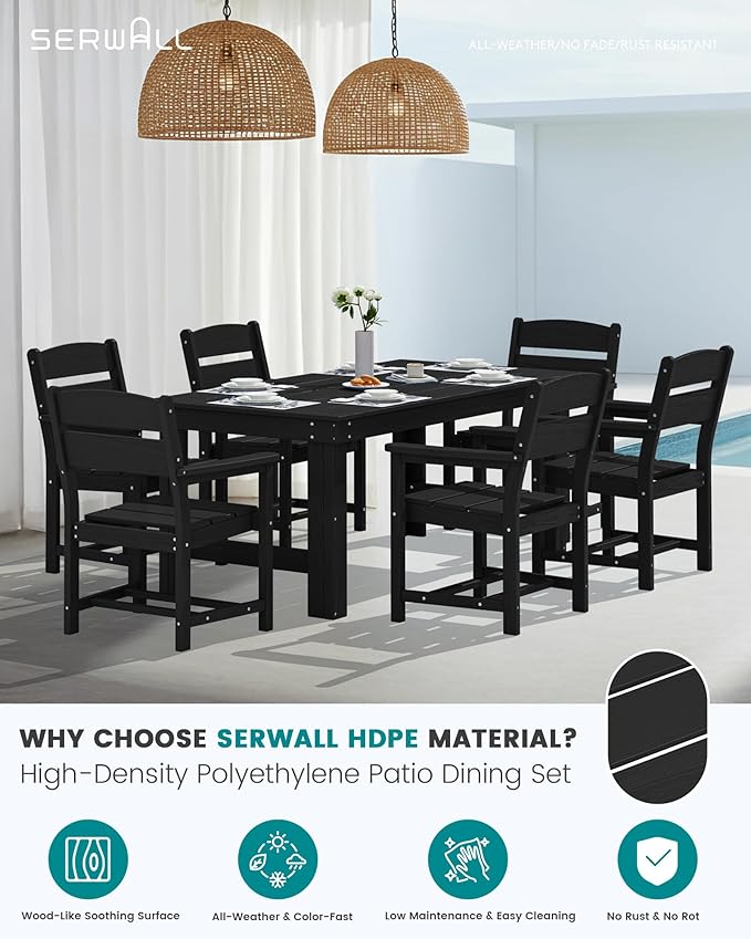 SERWALL Outdoor Dining Table Set, 67‘’ HDPE Patio Dining Set for 6, Wood-Like All-Weather Outdoor Table and Chairs Set for Lawn, Black