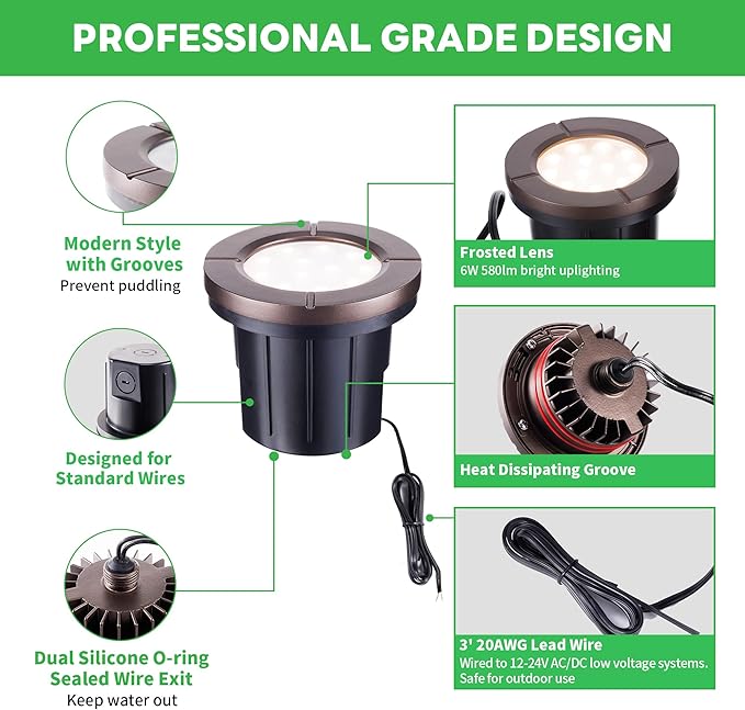LED Well Light, In Ground Landscape Lights Low Voltage Outdoor, 12V IP67 Waterproof, Bright Wired Aluminum ORB for Patio Pathway Lawn 6W 580LM 4 Pack