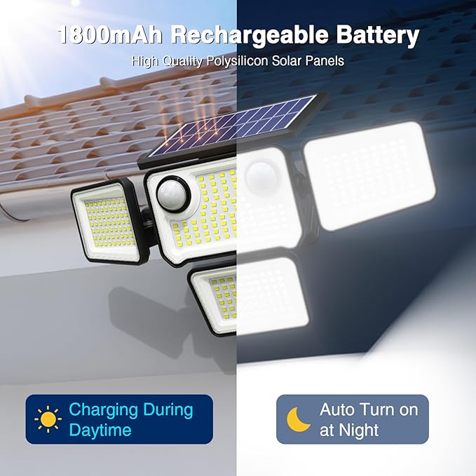 4500LM Solar Lights Outdoor Waterproof, 254 LED Solar Flood Lights Outdoor with 2 Motion Sensor, 4 Heads Security Light with Remote Control for Yard Outside House Garage 1 Pack