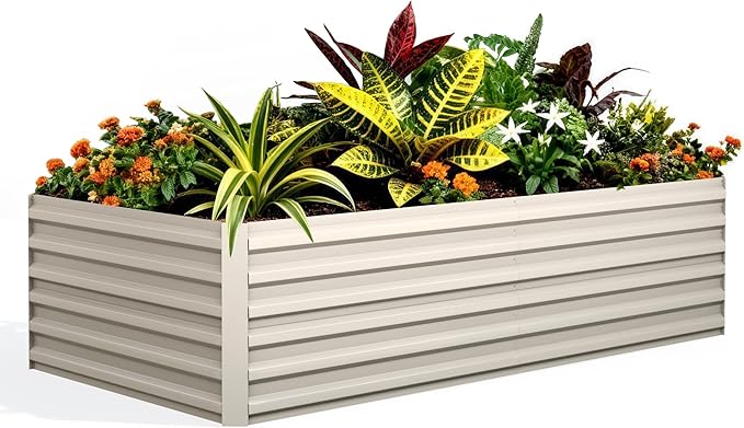 GarveeLife 6x3x2 ft Galvanized Raised Garden Bed, 24" Tall Metal Planter Box for Flowers Vegetables, Rust-Resistant Raised Garden Beds for Gardening, Easy Assembly Outdoor Garden Box & Planters,Beige