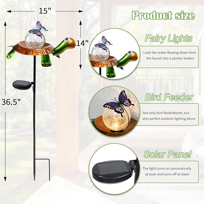 Afirst Solar Lights Outdoor Decorative Metal Turtle Crackle Glass Globe with Butterfly Warm White LED Metal Waterproof Garden Stake Lights for Walkway Pathway Lawn Patio Yard Decorations