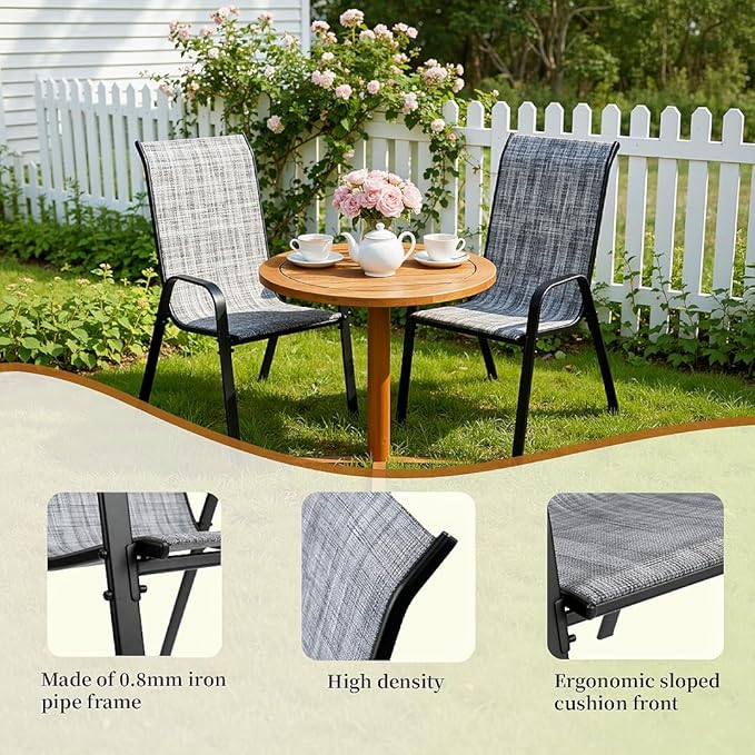 MAMIZO Patio Dining Chairs, Stackable All Weather Teslin Chair, Heavy Duty Outdoor Breathable Chairs Set, w/Armrests, Upgraded Chair FeetW/Strenthened Iron Spacers, 330 LBS (4, Grey)
