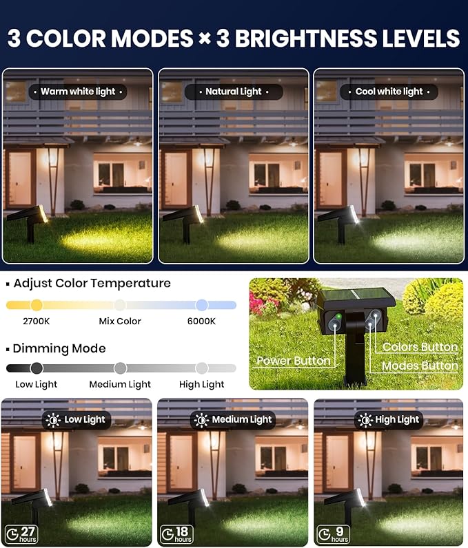 8-Pack Solar Spot Lights Outdoor Waterproof IP67, 3 Color Modes (Warm/Cool White/Hybrid) & 3 Lighting Modes, 105° Adjustable Uplights Dusk to Dawn Spotlights for Pathway/Garden/Yard/Wall Lighting