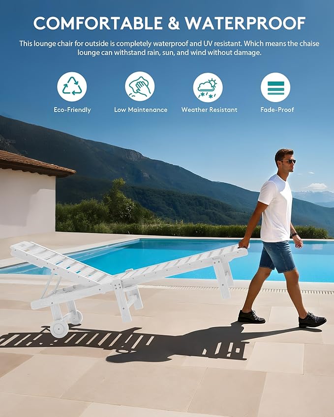 SERWALL Patio Chaise Lounge Chair Set of 4, HDPE Outdoor Lounge Chair with Cup Holder, 5 Positions Adjustable Pool Lounger with Rolling Wheels for Poolside, Deck, Sunbathing, White