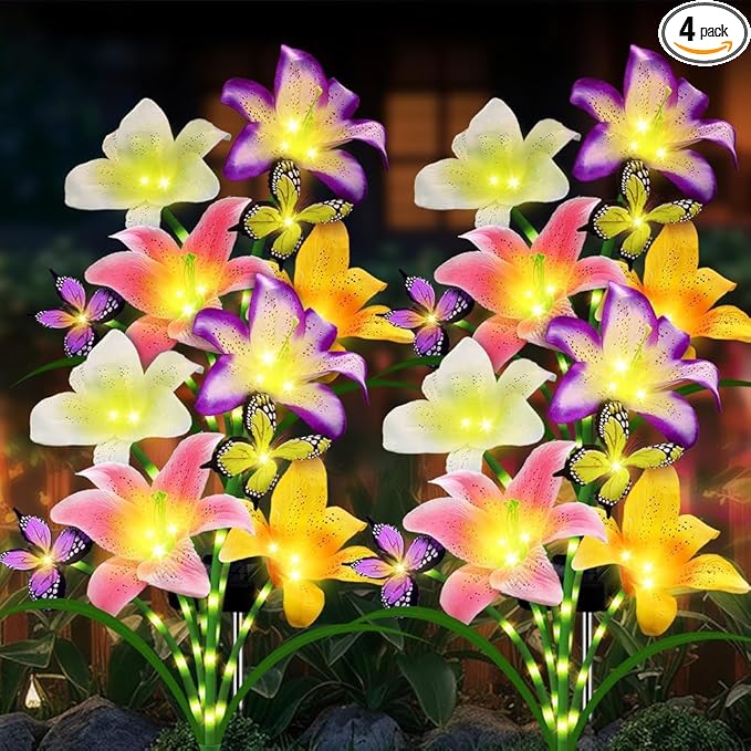 Solar Garden Lights 4 Pack LEDs Solar Lilies Flower Lights, Yard Patio Pathway Decoration High Flexibility Copper Wire Handmade Silk Artificial Flowers Never Wither, Gift for Family Friends