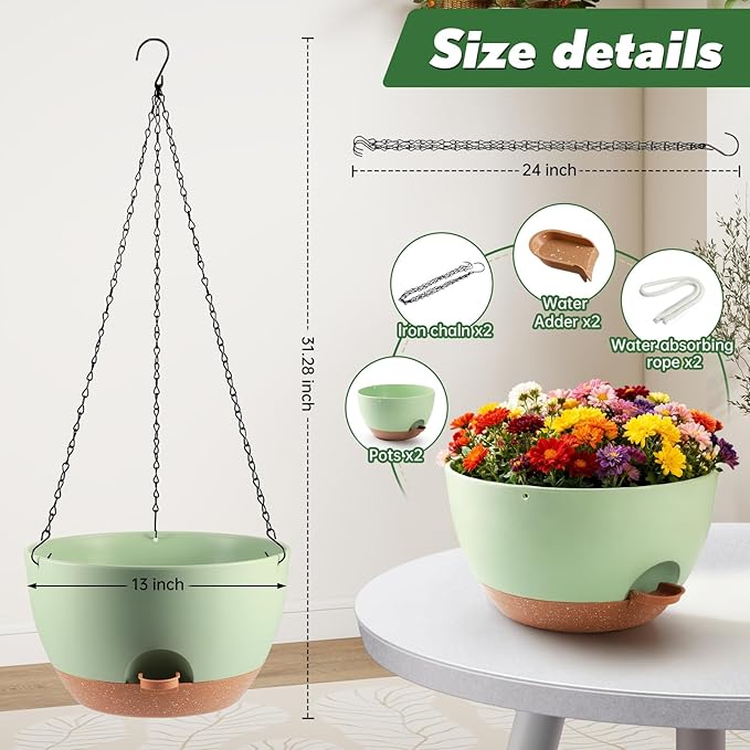 13-inch Oversized Hanging Planter Set of Two,Planters for Indoor and Outdoor Plants.Place Plant pots Across Diverse Settings Including windowsills,Living Room,and Gardens.Green-Brown