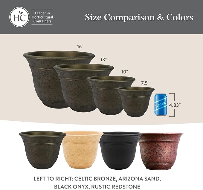 The HC Companies Sierra Round Self-Watering Pot - Lightweight Plastic Planter for Herbs & More - Durable Plant Pots for Indoor Plants & Outdoor Plants (16” Black Onyx, Pack of 2)