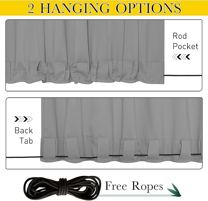 NICETOWN 2 Panels Waterproof Outdoor Curtains Fixed Grommet & Back Tab on Top & Bottom, Thermal Insulated Keep Rain & Sun Out Blackout Windproof Outdoor Draperies with Rope, W52 x L72, Silver Grey
