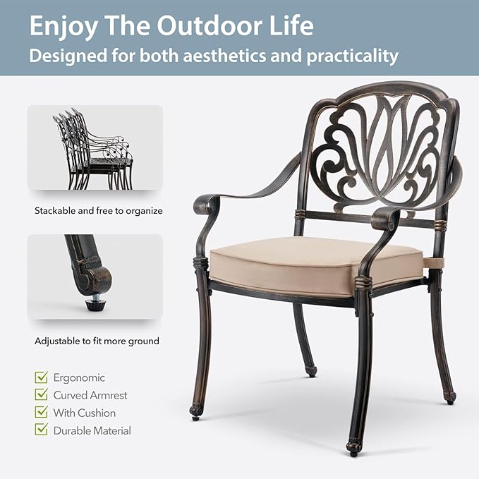 5-Piece Cast Aluminum Patio Furniture, Outdoor Dining Sets for 4 Include 54" Round Patio Dining Table and 4 Stackable Chairs with Cushions & Umbrella Hole (Bronze)