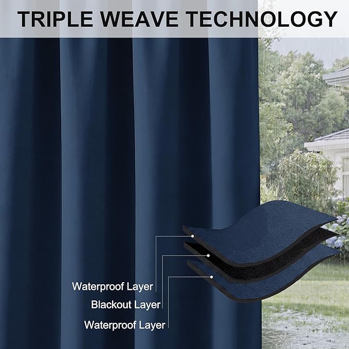 RYB HOME Extra Wide Outdoor Curtains for Patio Waterproof Heavy Duty Thermal Insulated in Summer Full Coverage Privacy for Porch, Cabana & Pool, W150 x L95, Navy Blue, 1 Panel