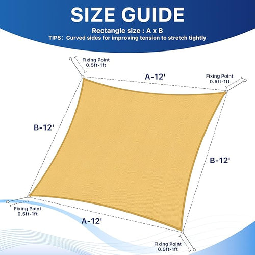 12'x12' Sun Shade Sail, UV Protection Outdoor Shade, Curved Tear Resistant Heavy Duty Sun Shade for Patio Garden, Backyard, Deck, Car Port, Playground, (Sand)