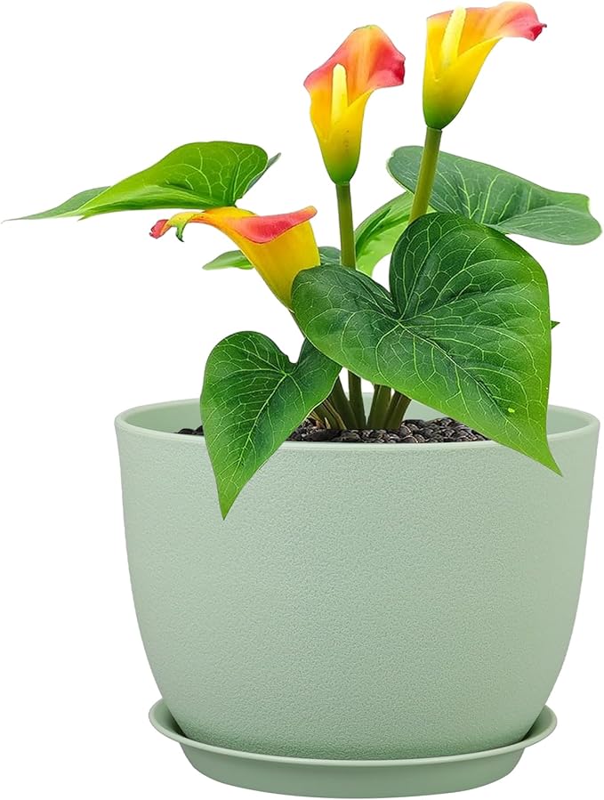 12 inch Big Plant Pots, Plastic Planters with Drainage Holes and Trays, Flower Pots for Indoor Outdoor Plants, Modern Decorative Pots for Garden House Plants, Green