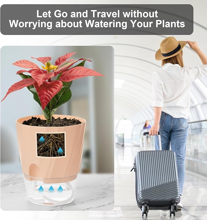 KIMCHOMERSE Self Watering Plant Pots, 6 Inch Plant Pots 6-Pack Indoor Planter Pots with Drainage Holes and Tray for Home Decor（2White, 2Pink, 2Blue）