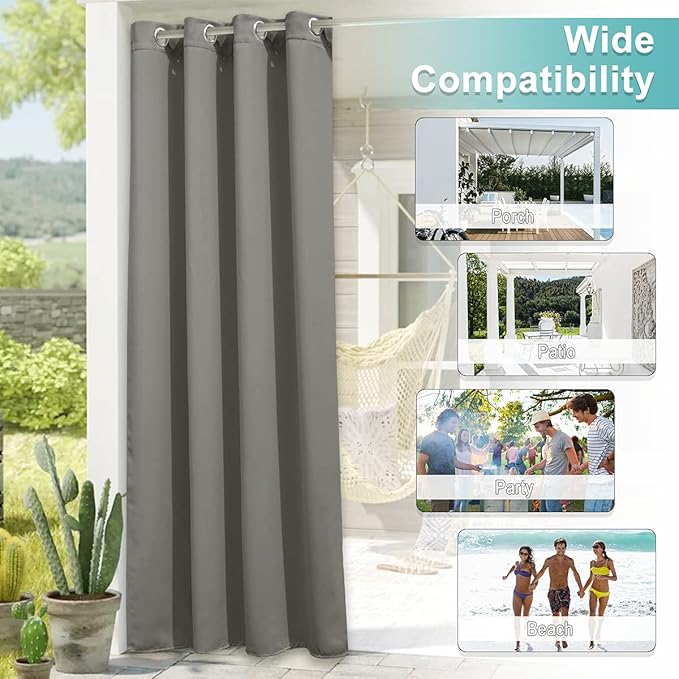 NICETOWN Outdoor Curtain Panel for Patio Waterproof, Rustproof Silver Grommet Luxury Thermal Insulated Blackout Thermal Insulated Outdoor Drape for Front Porch, W52 x L108, Slate Grey, 1 Panel