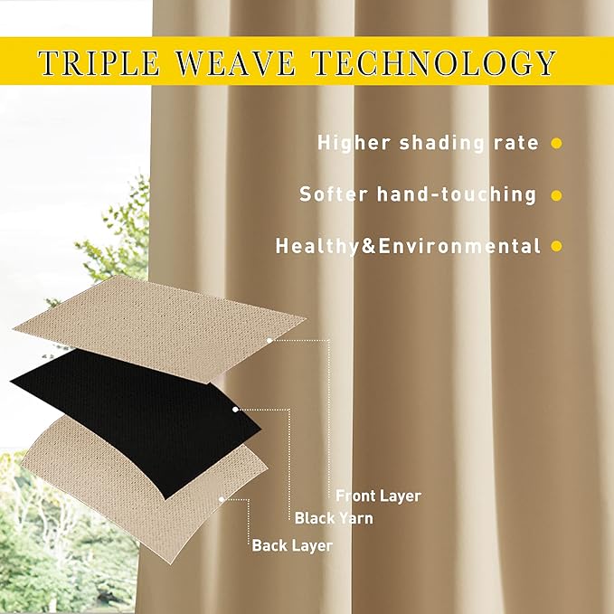 NICETOWN 2 Panels Biscotti Beige Privacy Outdoor Curtains for Patio, Waterproof Thermal Insulated Grommet & Back Tab on Top and Bottom Windproof Drapes with Fixed Rope for Porch, W52 x L120