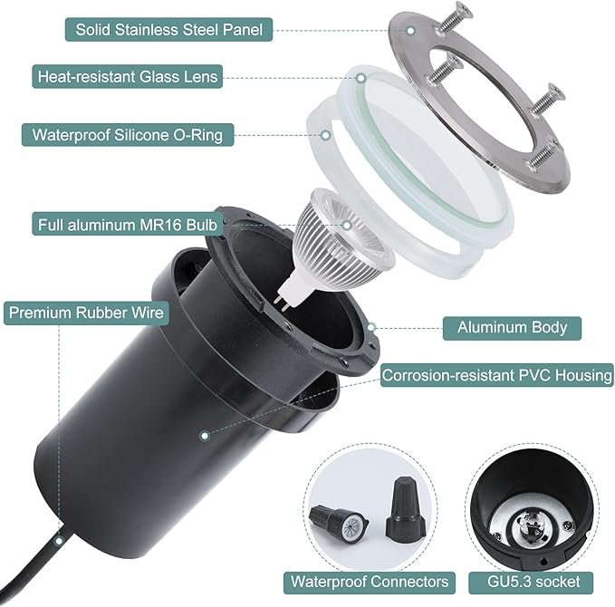 Gardencoin Low Voltage Landscape LED Well Lights, 12V in Ground Lights Outdoor IP67 Waterproof, 4.3 inch Wired Landscape Up Lighting, Included Replaceable 5W 2700K MR16 Bulb Dimmable, 12 Pack
