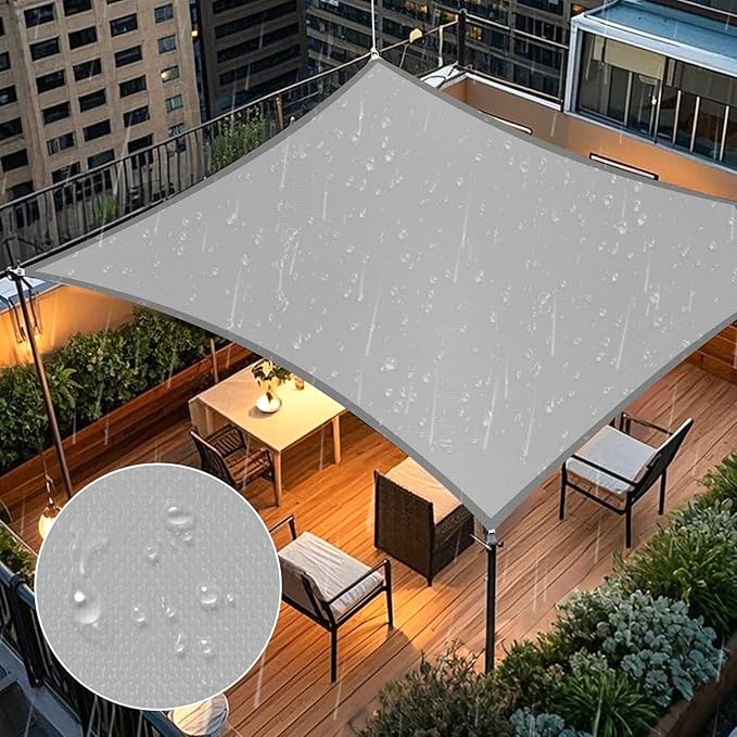 Artpuch Waterproof Sun Shade Sail, 14'x14' Light Grey Rectangular, UV Resistant Rain Canopy, Curved Edges Shade Cloth for Outdoor Patio, Deck, Yard (Custom