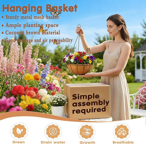 12 inch Metal Hanging Baskets For Plants Outdoor 4 Pack Round Metal Wire Hanging Basket Planter with Coco Fiber Liners Chain Round Wire Plant Holder for Garden, Patio, Deck, Porch Plants Flower Potss