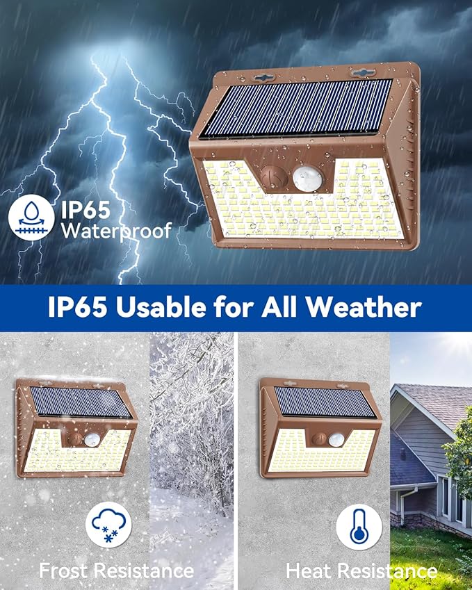Peasur Brown Solar Lights Outdoor Waterproof, 4Pack 140LED Solar Powered Motion Sensor Lights, 3 Modes Solar Security Wall Lights for Fence Garden Yard Outside Cool White