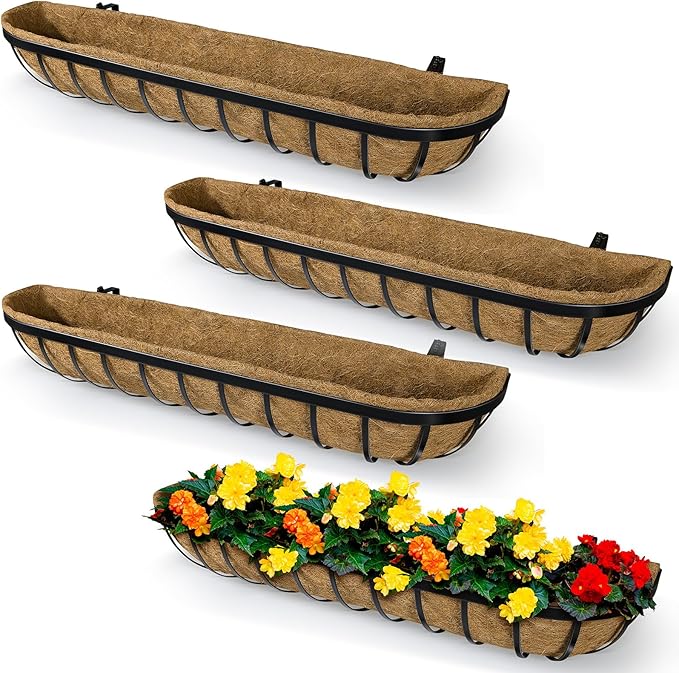 4 Pack 24 Inch Window Deck Railing Planter Boxes with Coconut Liner, Large Hanging Window Flower Boxes Metal Railing Planter for Balcony Fence Porch (4, 24 Inch)
