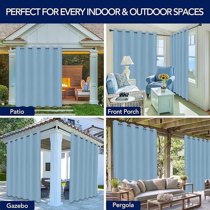 PureFit Outdoor Curtains for Patio Waterproof Weatherproof, UV Resistant Outside Curtains for Gazebo, Front Porch, Pergola, Sun Blocking Privacy Curtain, 100W x 84L inch, 1 Panel, Sky Blue