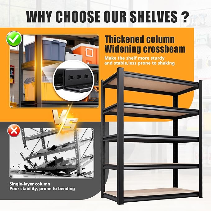 71.2" H Garage Shelving Heavy Duty Storage Shelves, Metal Adjustable Shelving Unit, Utility Garage Organizer Shelf for Basement, Pantry, Kitchen, Warehouse,15.7" Dx35.4 Wx71.2 H Black