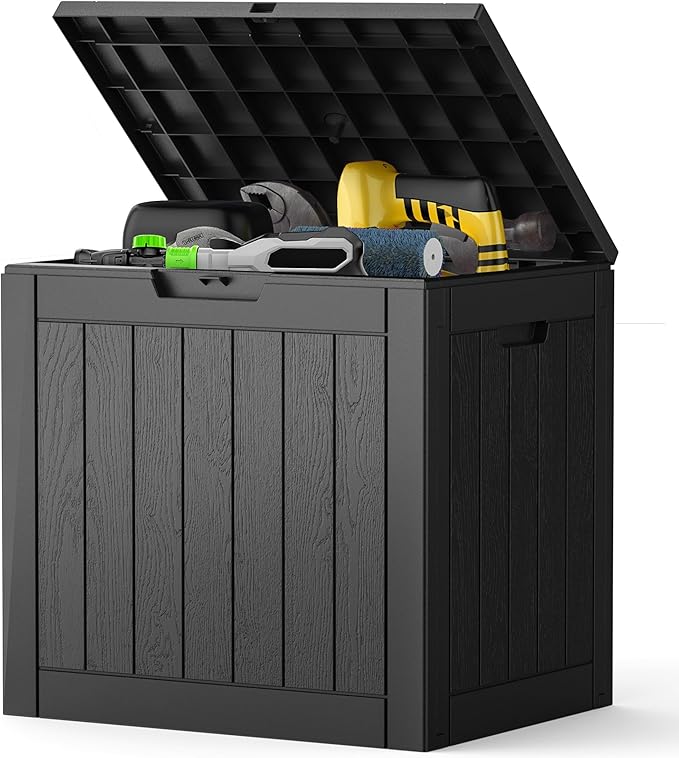 NEWBULIG 31 Gallon Outdoor Storage Box, Waterproof Deck Box with Lockable Lid, Patio Furniture Bench & Side Table, Easy Assembly, for Garden, Pool, Patio & Backyard Organization, Black