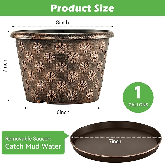8 Inch Planter Pots for Plants, Plastic Flower Pots Indoor Outdoor, 5 Pack Resin Plant Pot with Drainage & Saucer, Retro Decorative Garden Pot with Removable Trays for House