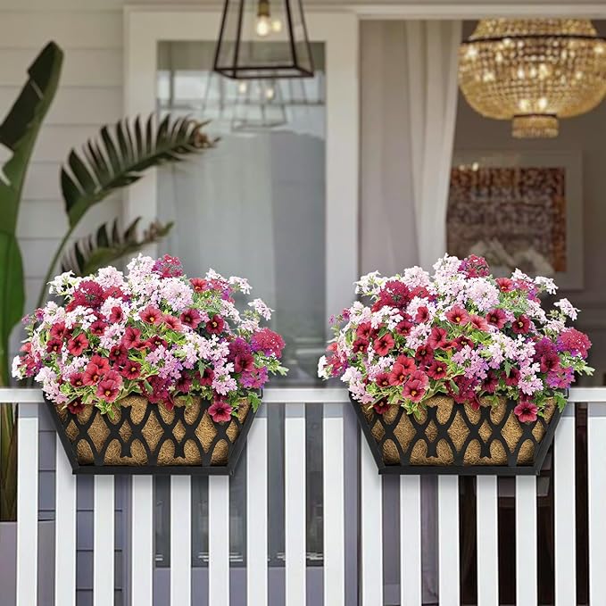 2 Pack 16 Inch Window Boxes Planters Railing Planter Box with Coco Liners Deck Railing Planter Boxes Balcony Hanging Flower Box for Outdoor Plants Garden Decor