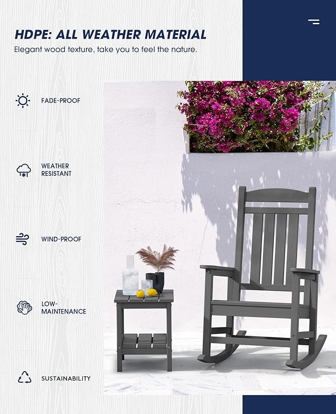 KINGYES HDPE Rocking Chairs Outdoor, Patio Rocking Chairs with 330lbs Support, Smooth Porch Rocker for Deck Lawn Yard, White