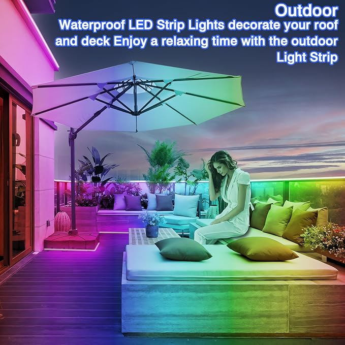 zoegi 200ft Outdoor LED Strip Lights Waterproof,Music Sync RGB IP68 Outside Led Light Strips Waterproof with App and Remote,Exterior Led Rope Lights for Deck,Balcony,Roof,Garden,Pool