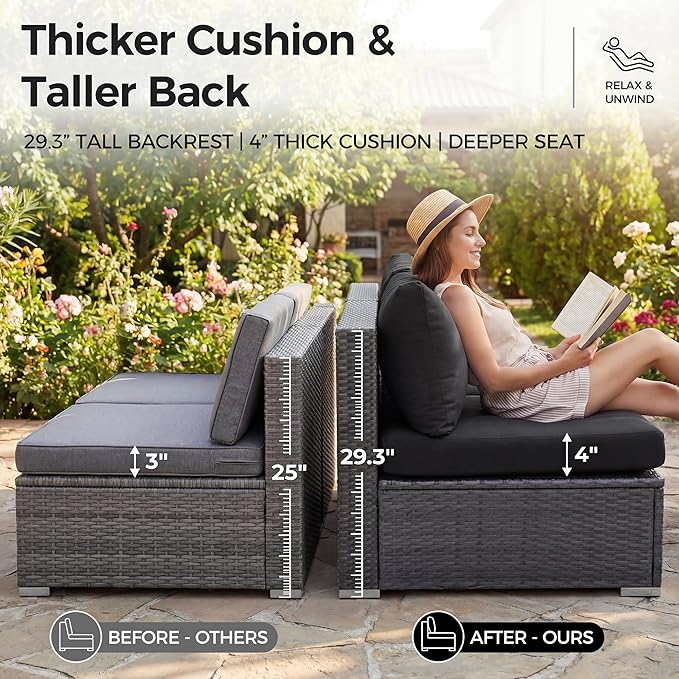 NICESOUL 6 Piece Modern L-Shaped Outdoor Sectional with Firepit Natural Gas/Propane, 29.3'' High Back Wicker Patio Furniture Set, Oversized Conversation for Exterior, 2 Color Cushion Black & Gray