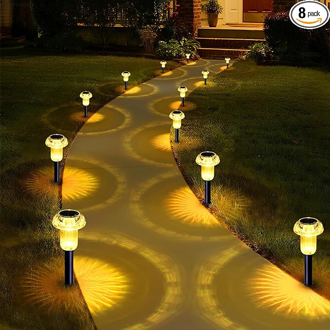Solar Lights Outdoor Pathway Waterproof 8 Pack Warm White LED Acrylic Mushroom Decorative Garden Lights for Yard Landscape Patio Outside Decor