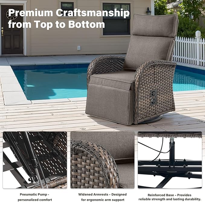 Dual-Adjust Swivel Outdoor Recliner Chair Set of 3 - Reclining Patio Chair with Adjustable Backrest and Footrest, All-Weather Wicker Chaise Lounge Outdoor with Side Table for Pool Deck Brown